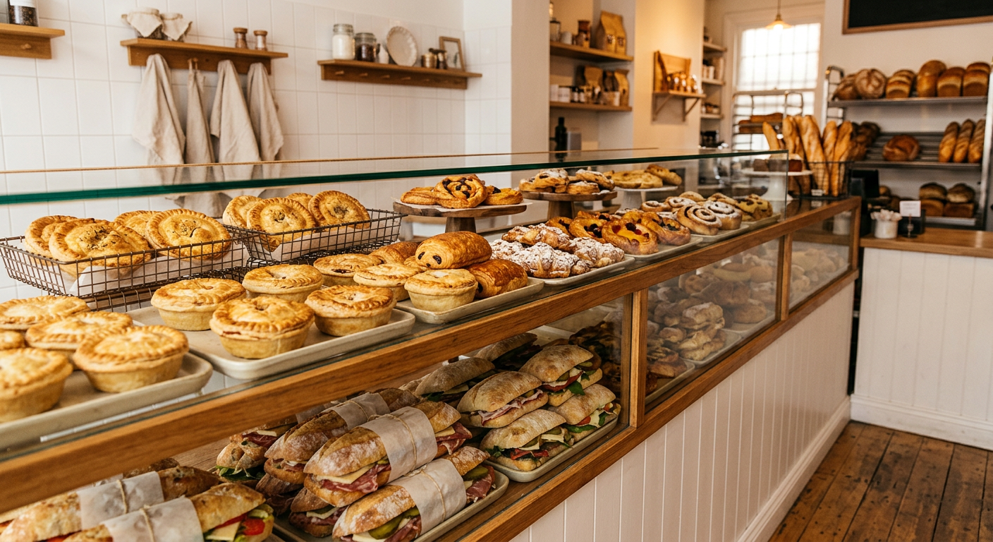 Display counter with trays of golden pies, sweet pastries and filled rolls