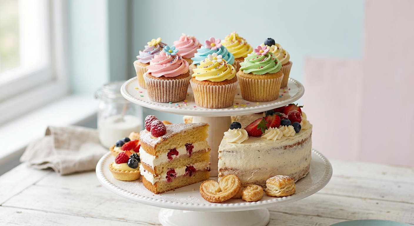 Iced cupcakes and a sliced cream cake on a cake stand