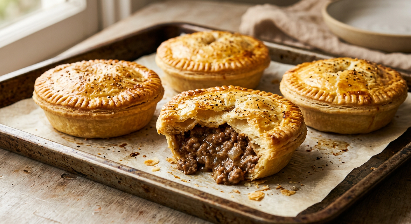 Golden-brown meat pies on a baking tray, one broken open to show the filling